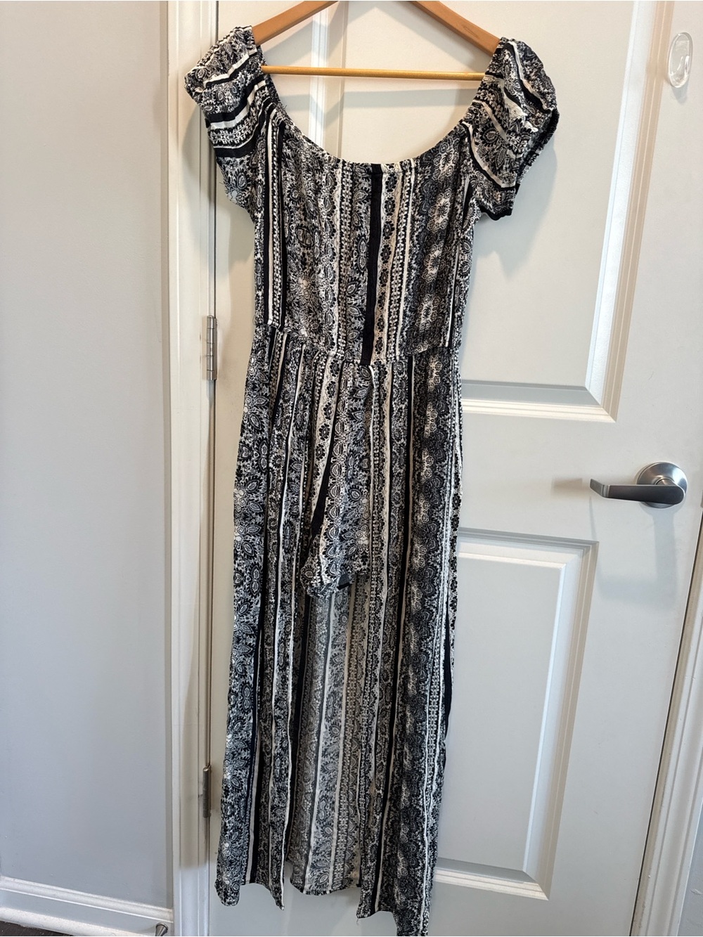 AS U WISH Off Shoulder Romper Maxi Overlay Dress | Black & White Boho Festival